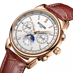 Men wristwatch fashion leather tourbillion skeleton moon phase automatic mechanical watch