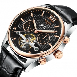 Brand tourbillion watch genuine leather skeleton luminous mens automatic mechanical 