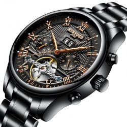 Private label stainless steel strap black skeleton mechanical automatic men watch 