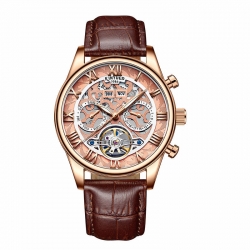 Genuine leather skeleton luminous mens automatic mechanical tourbillion watch