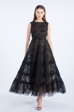 Velvet-trimmed guipure lace gown