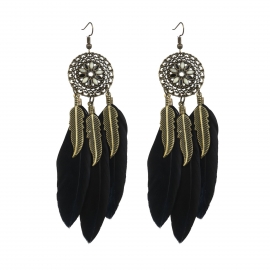 European and American retro round oil dripping leaves long tassel feather earrings European and American ethnic style earrings