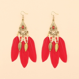 Cross-border source of Japanese and Korean version of European and American geometric alloy feather tassel earrings personality long earrings