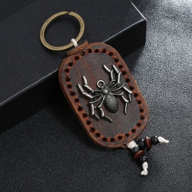 Handmade retro cowhide keychain personality alloy spider leather car keychain pendant