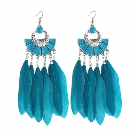 European and American new style foreign trade fashion new style feather earrings retro ethnic fan shaped long tassel earrings wholesale