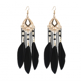 European and American diamond bohemian ethnic feather earrings classic long feather tassel earrings