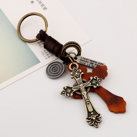 Cross alloy leather keychain retro woven mens cowhide keychain