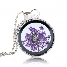 European and American fashion style creative womens variety of flower-shaped silver round purple dried flower handmade necklace