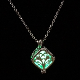 European and American Hollow Luminous Square Tree of Life Necklace Fashion Luminous Cube Pendant Halloween Accessories