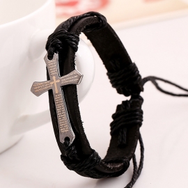 Retro mens alloy scripture cross cowhide bracelet simple woven leather bracelet