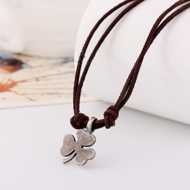 Leather Necklace Short Mens Alloy Clover Necklace Vintage Coarse Ore Leather Necklace