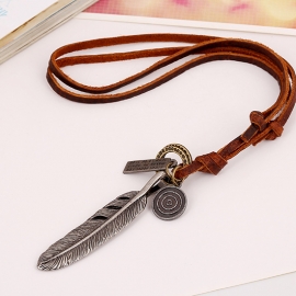 Personalized street shooting retro leather big feather necklace cowhide necklace